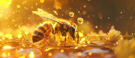 Golden bees working on a flower, symbolising the ecological importance of pollinators, are ideal for nature conservation presentations as a background image.