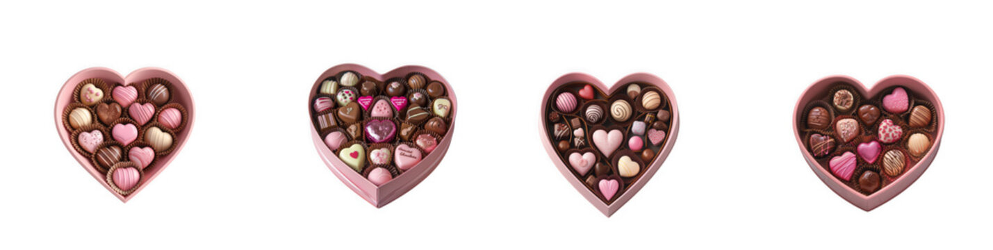 Four heart shaped boxes overflowing with assorted colorful chocolates perfect for valentine s day on transparent background