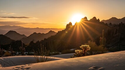 Sunset over mountains with trees and road.