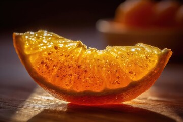 Close-up of a bitten orange wedge lit from behind, juicy segments glowing with sugar crystals. Concept Citrus close-up, Backlit orange slice, Juicy segments, Sugar crystals glow
