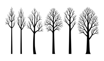 Obraz premium Winter bare trees without leaves minimal black vector illustration set