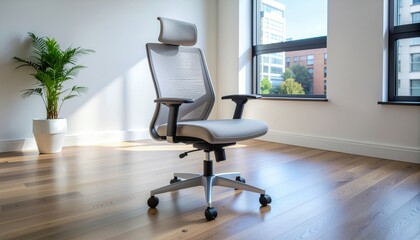 Ergonomic office chair stands, modern design, comfort, lumbar support, mesh back, in bright office interior, promoting wellness and productivity.