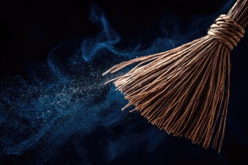 Close-up of a brown straw broom sweeping a blue dust cloud against a dark background. Concept Close-up broom, Brown straw broom, Blue dust cloud, Dark background, Macro photography