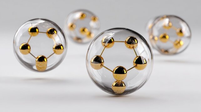 Transparent spherical C60 molecule structures with elegant gold leaf atoms, gracefully floating in air, set against a pristine white background, showcasing ultra-photorealistic detail and softbox stud