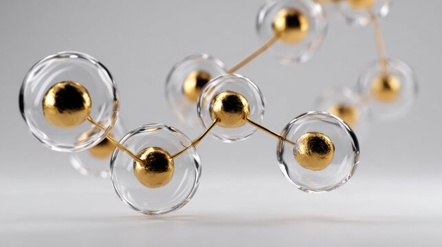 Transparent spherical C60 molecule structures with elegant gold leaf atoms, gracefully floating in air, showcasing ultra-photorealistic detail and softbox studio lighting, perfect for scientific and a
