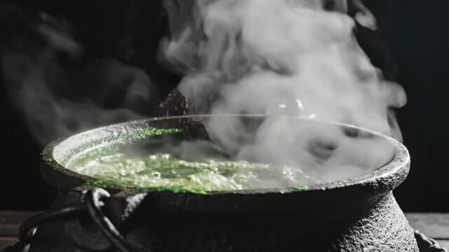Bubbling cauldron with green potion and steam