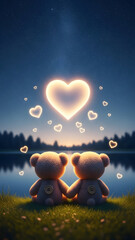 Two Teddy Bears Holding Hands Under Glowing Hearts Romantic Valentine Concept