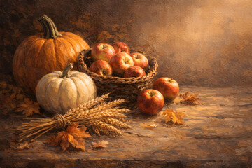 Autumn Harvest Still Life with Pumpkins and Golden Light