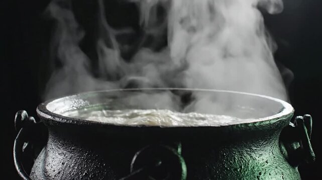 Steaming cauldron in dark setting