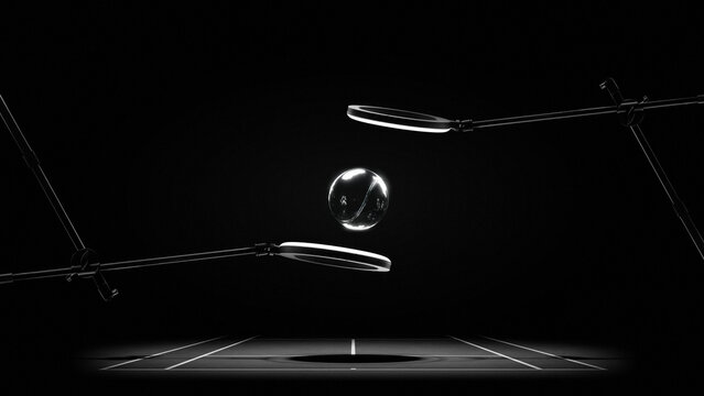Minimal artwork of glass tennis ball levitating above court in futuristic sportstech lab. Concept of sportstech innovation, performance tracking, smart equipment, and advanced analytics - Powered by Adobe