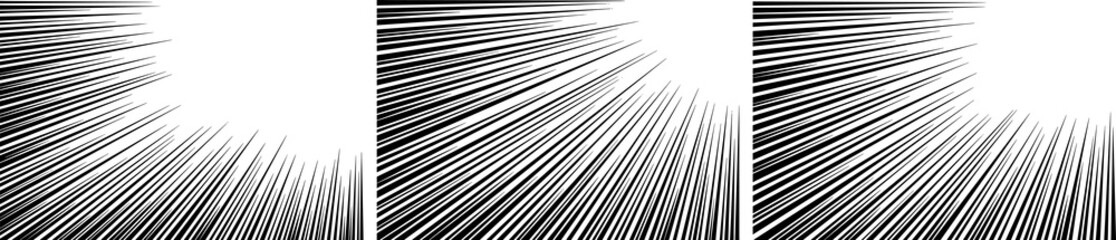 Obraz premium Manga comic burst effect background set with three vertical black and white speed line bursts. Radial explosion effect with bold motion lines with dynamic action and anime energy burst.