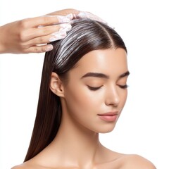 Fototapeta premium Young Woman Applying Hair Mask for Healthy Shine and Hydration in a Beauty Treatment at Home Spa Environment
