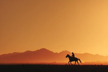 Silhouette of a rider on horseback crossing a desert at sunset, with distant mountains on the horizon. Concept Desert sunset silhouette, Horseback rider silhouette, Distant mountains on the horizon