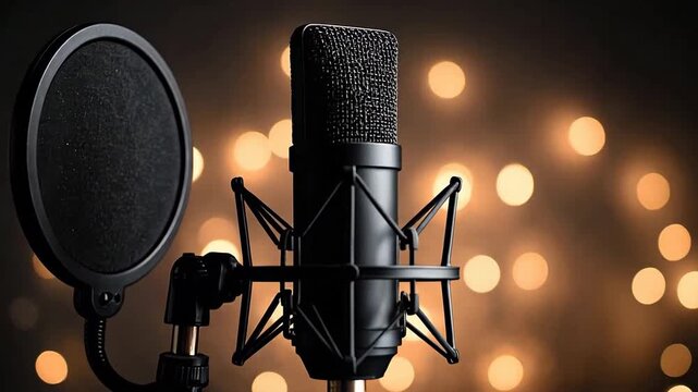 Studio microphone with pop filter and bokeh lights, perfect for recording podcasts.