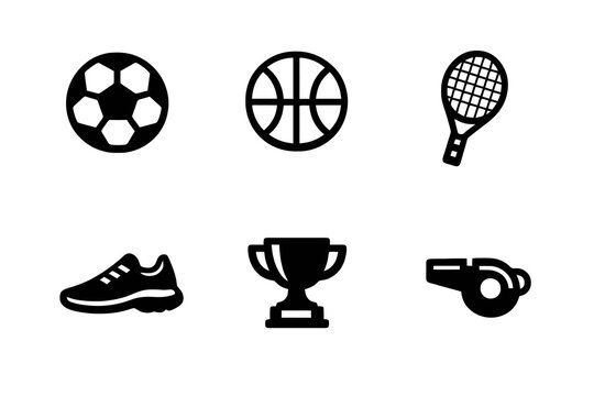 Sports vector icon set featuring common athletic equipment and competition symbols. Black flat icons ideal for dashboards, fitness apps and digital interfaces.