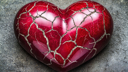 Cracked red heart symbolizing broken heart concept on a textured surface, St.Valentine, heart attack, love relations, eternal love, broken heart interpretation
