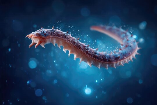 A long, spiny red bristle worm with white spots swimming through a blue underwater backdrop. Concept Underwater creature, Red bristle worm, White spots, Blue ocean backdrop, Marine life