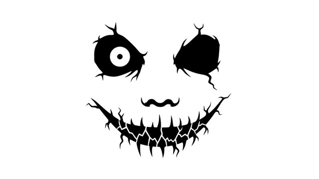 A creepy black and white illustration of a smiling face with sharp teeth and a menacing grin on a plain white background with halloween and monster