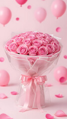 Pink Rose Bouquet with Heart Balloon Romantic Valentine&rsquo;s Day Background