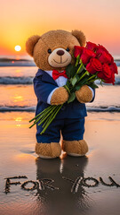 Romantic Teddy Bear in Suit Holding Roses on Beach Valentine Concept