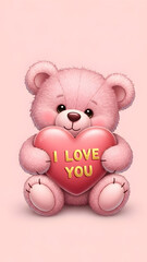 Pink Teddy Bear Holding Heart with I Love You Valentine Illustration