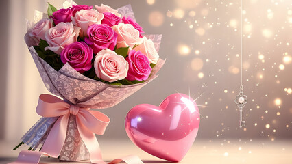 Pink Rose Bouquet with Heart Balloon Romantic Valentine&rsquo;s Day Background