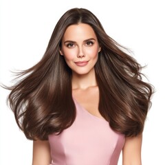 Fototapeta premium Beautiful woman with long, shiny hair posing gracefully in studio light setting