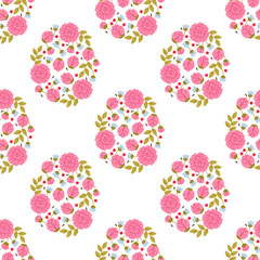 Seamless Floral Easter Egg Pattern. Repeating pattern of Easter eggs made from pink flowers, leaves, and berries, creating a soft spring floral background on white.