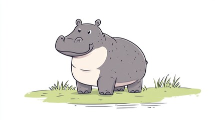 Cute cartoon hippo in grassy meadow