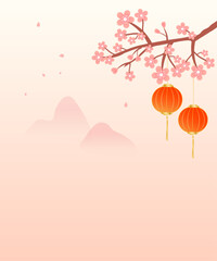 Pink Cherry Blossom Illustration with Hanging Red Lanterns on Pink Background for Spring Festival  with Copy Space