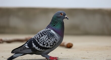 A common pigeon stands alert on a textured surface, its iridescent neck feathers catching the light.