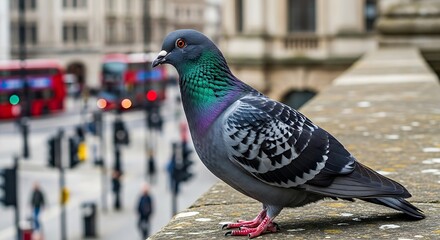 A city pigeon with iridescent neck feathers perched on a stone ledge overlooking a busy street.