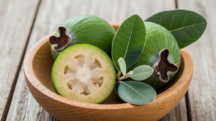 Starfruit slices and leaves in bowl.