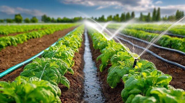Modern agriculture field showing healthy crop rows supported precision irrigation smart farming system sustainable food cultivation and land management concept