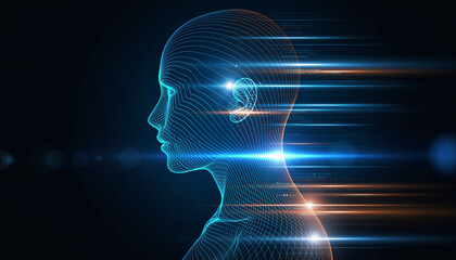 Fototapeta premium Digital human head with flowing data lines and artificial intelligence