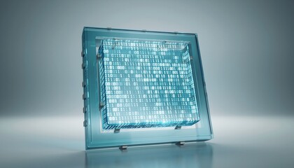 Digital display of binary code on a transparent screen in a modern setting during daylight hours