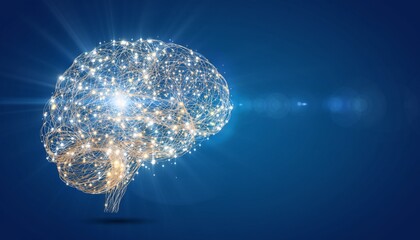 Visual representation of a brain made of glowing wires against a blue background during a digital art exhibition showcasing concepts of neuroscience and technology