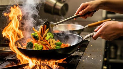 Stir frying vegetables in a wok.