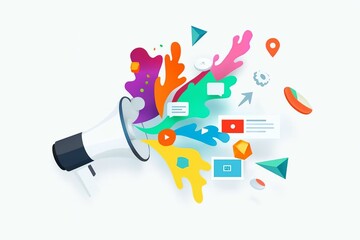 Megaphone with colorful splashes and social media icons