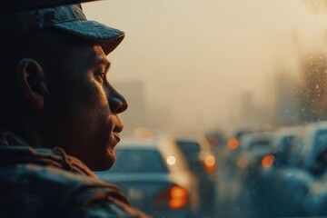 A man in a camouflage cap sits in a vehicle, looking at a busy city street at sunset. Concept Camouflage cap, man in vehicle, busy city street, sunset lighting, contemplative gaze