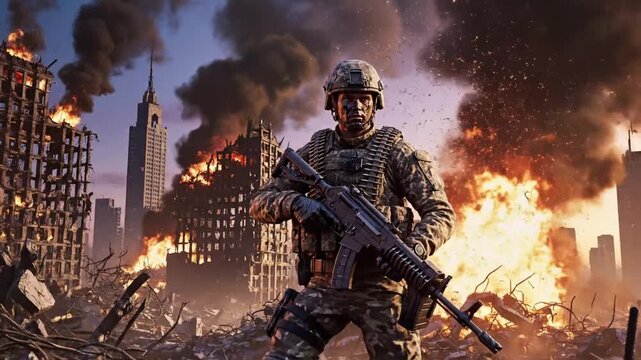 Soldier in a war-torn cityscape