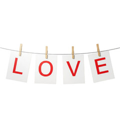 Clothesline with love message on cards with clothespins on a transparent background