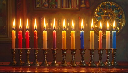 Fully lit Hanukkah menorah with colorful candles glowing against a starry night sky—symbol of tradition and celebration.
