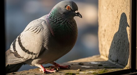 Urban pigeon perched on a windowsill bathed in warm sunlight, casting a distinct shadow.