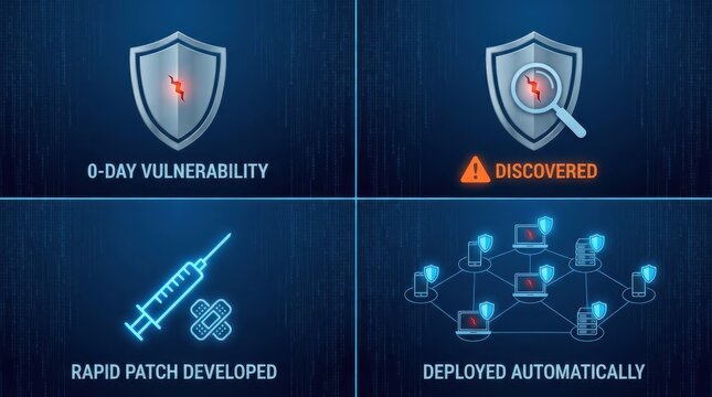 Cybersecurity vulnerability discovery and solution diagram. Shows threat detection, code patch, and deployment. Vector graphic with blue color scheme. - Powered by Adobe