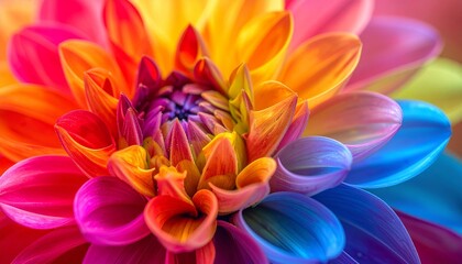 Obraz premium Multicolored flower with gradient petals in blue, purple, red, orange, yellow, and water droplets—vivid, fresh, and intricately detailed.