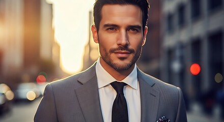Confident businessman in suit looking directly at camera with city blurred background