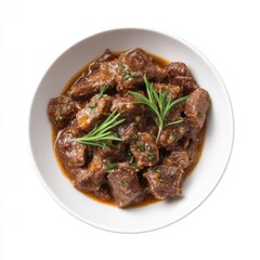 Fototapeta premium Delicious Tender Beef Stew with Fresh Herbs and Rich Gravy in a White Bowl on a Clean Background
