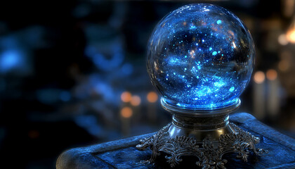 Crystal ball of fortune teller. Fortune teller with illuminated crystal ball and tarot cards to prediction future. Astrologists reading future and destiny. Horoscope and forecasting concept.
