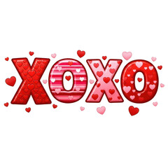 Valentines day greeting with xoxo text and cute colorful hearts around isolated on transparent background